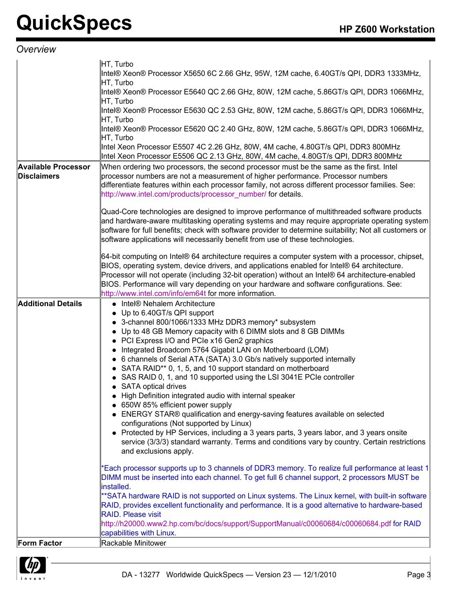 Quickspecs | HP Z600 User Manual | Page 3 / 78