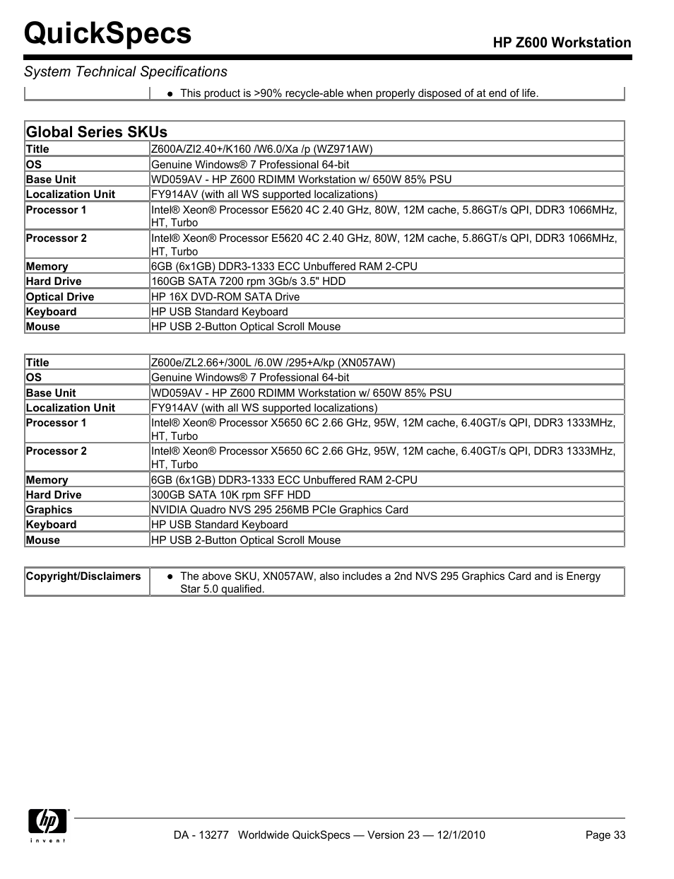 Quickspecs, Global series skus | HP Z600 User Manual | Page 33 / 78