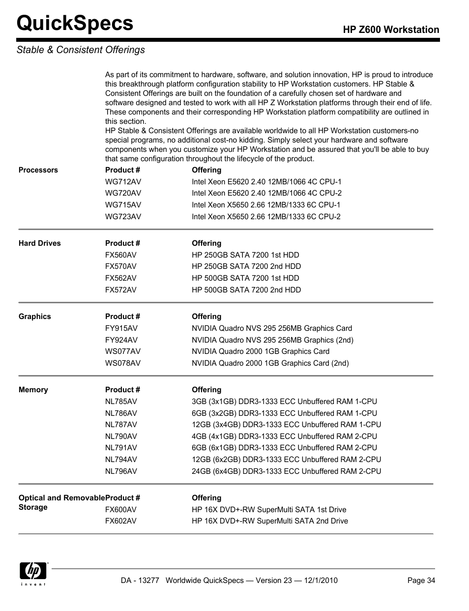 Stable & consistent offerings, Quickspecs, Hp z600 workstation stable & consistent offerings | HP Z600 User Manual | Page 34 / 78