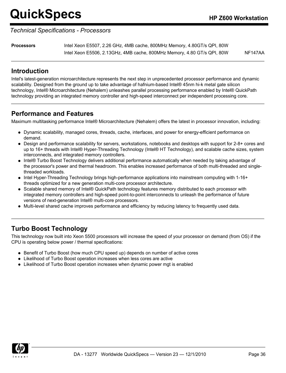 Technical specifications - processors, Quickspecs, Introduction | Performance and features, Turbo boost technology | HP Z600 User Manual | Page 36 / 78