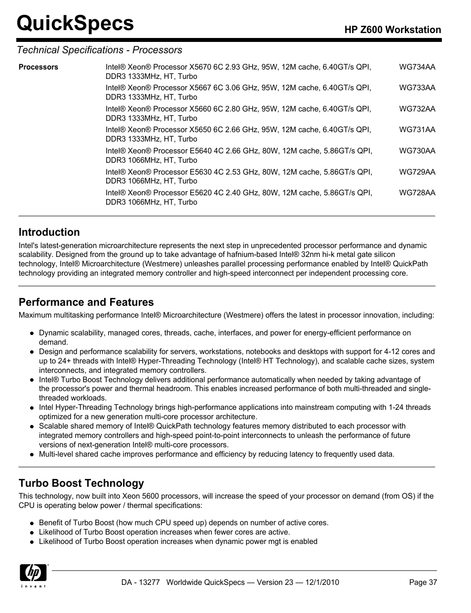 Quickspecs, Introduction, Performance and features | Turbo boost technology | HP Z600 User Manual | Page 37 / 78
