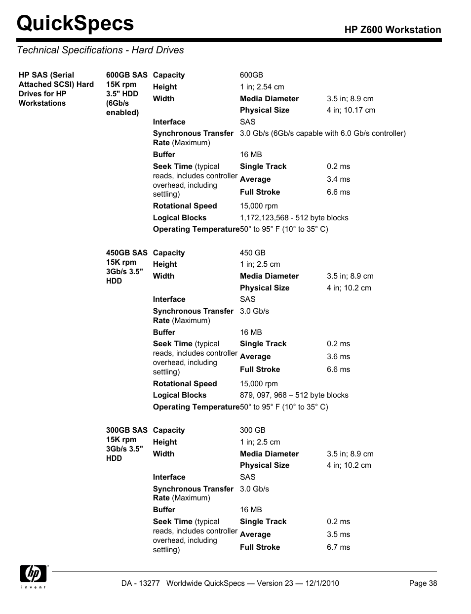Technical specifications - hard drives, Quickspecs | HP Z600 User Manual | Page 38 / 78