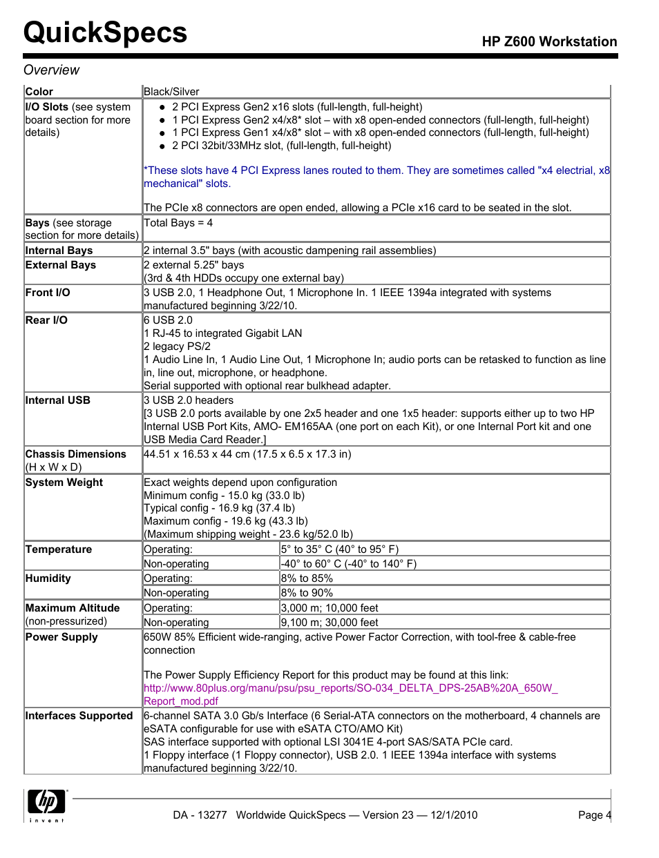 Quickspecs, Hp z600 workstation overview | HP Z600 User Manual | Page 4 / 78