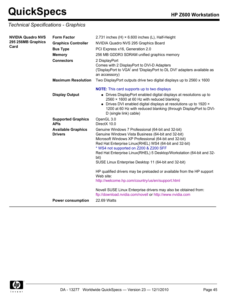 Technical specifications - graphics, Quickspecs | HP Z600 User Manual | Page 45 / 78