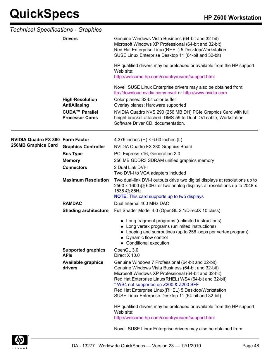 Quickspecs | HP Z600 User Manual | Page 48 / 78