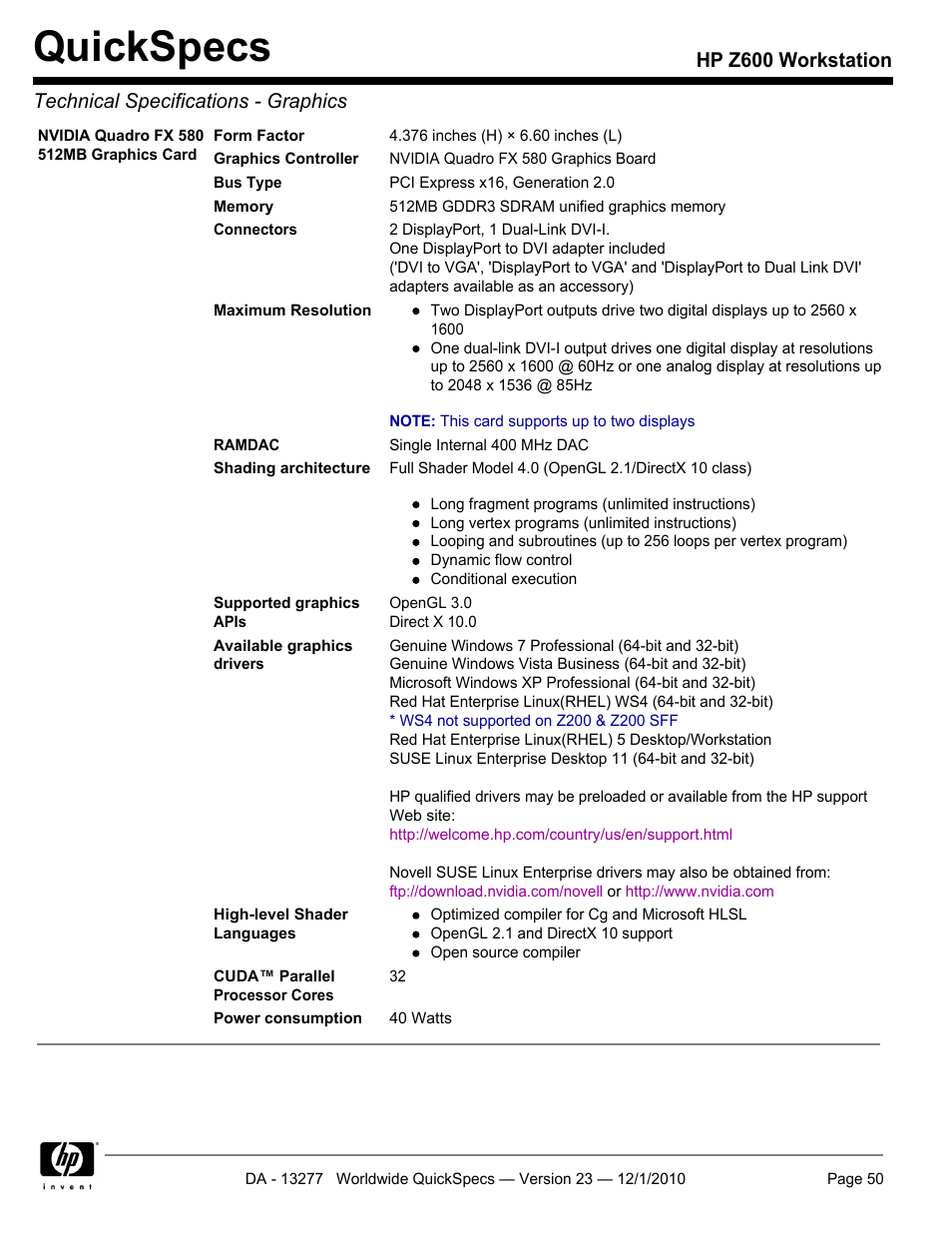 Quickspecs | HP Z600 User Manual | Page 50 / 78