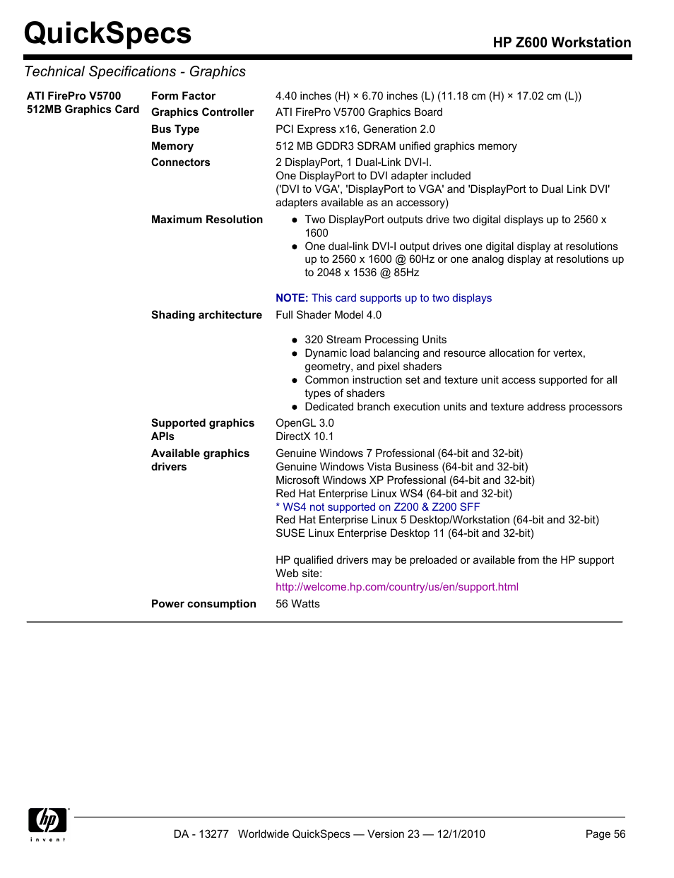Quickspecs | HP Z600 User Manual | Page 56 / 78