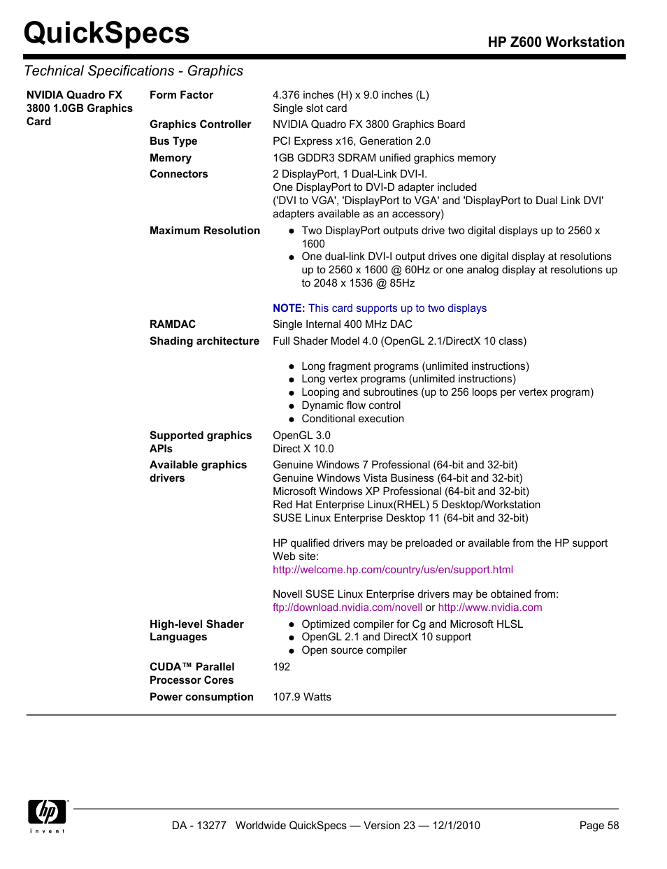 Quickspecs | HP Z600 User Manual | Page 58 / 78