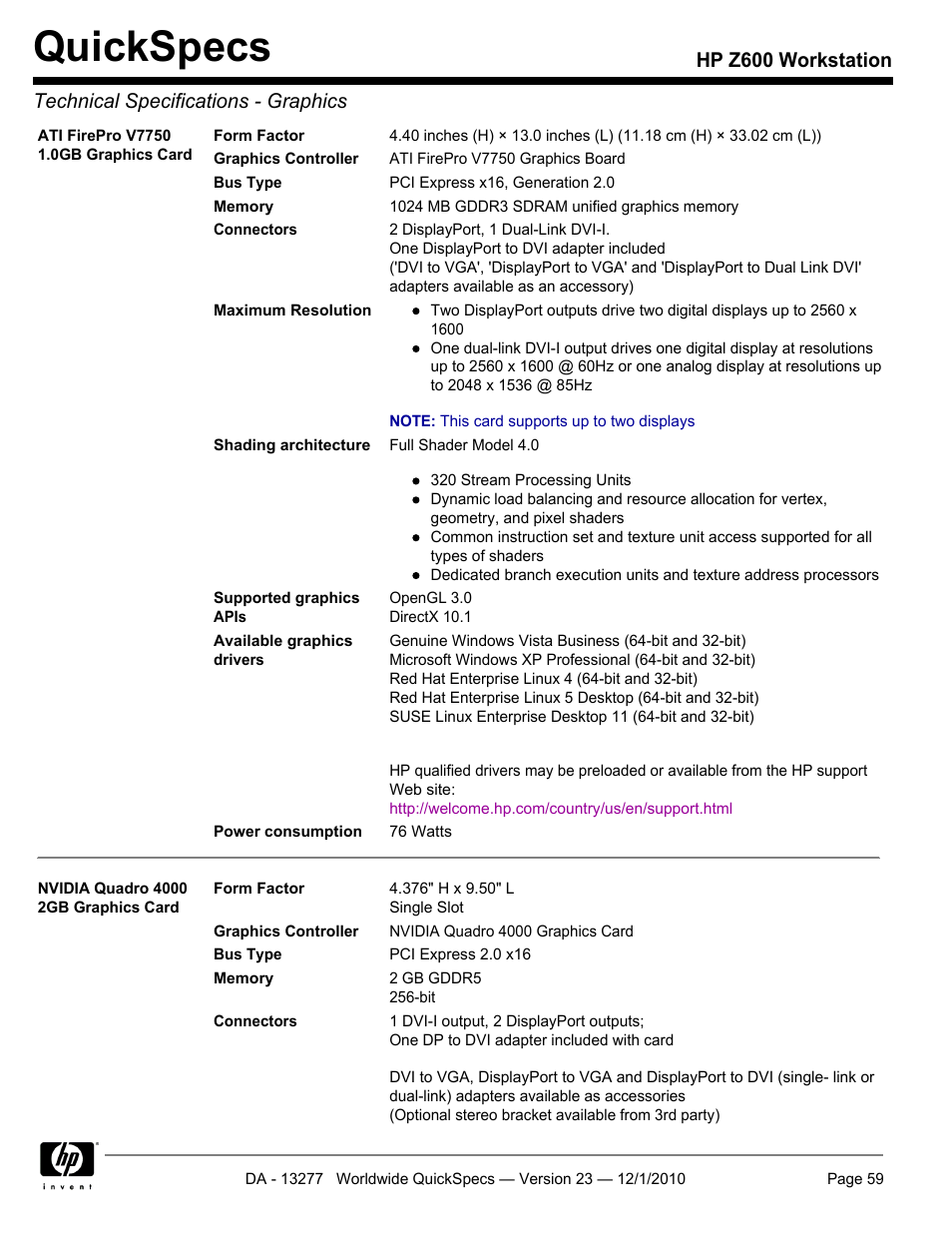 Quickspecs | HP Z600 User Manual | Page 59 / 78
