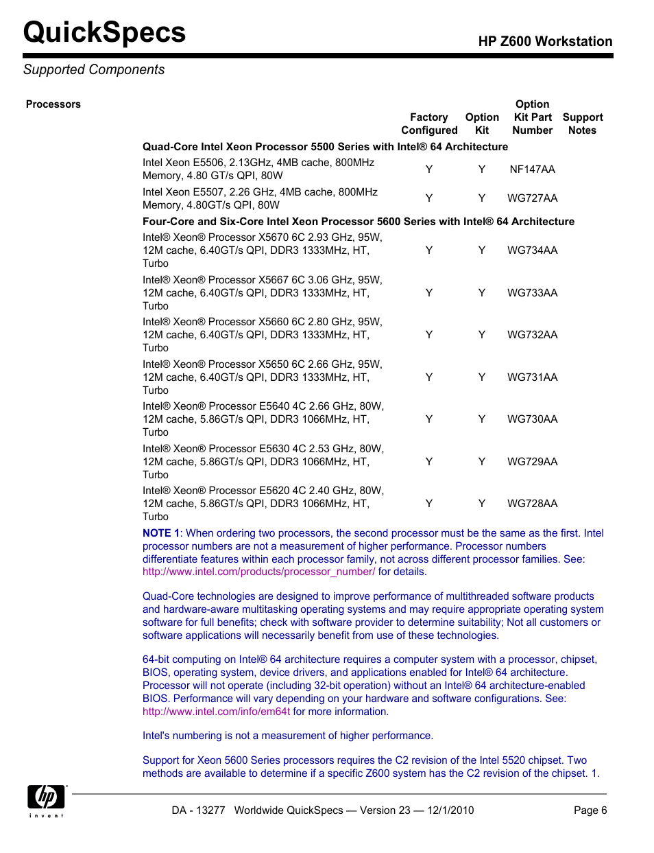 Supported components, Quickspecs, Hp z600 workstation supported components | HP Z600 User Manual | Page 6 / 78