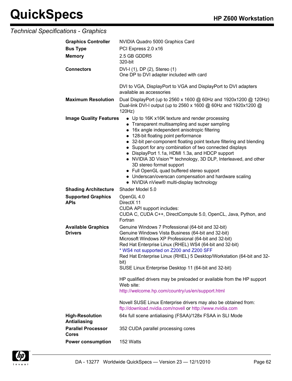 Quickspecs | HP Z600 User Manual | Page 62 / 78