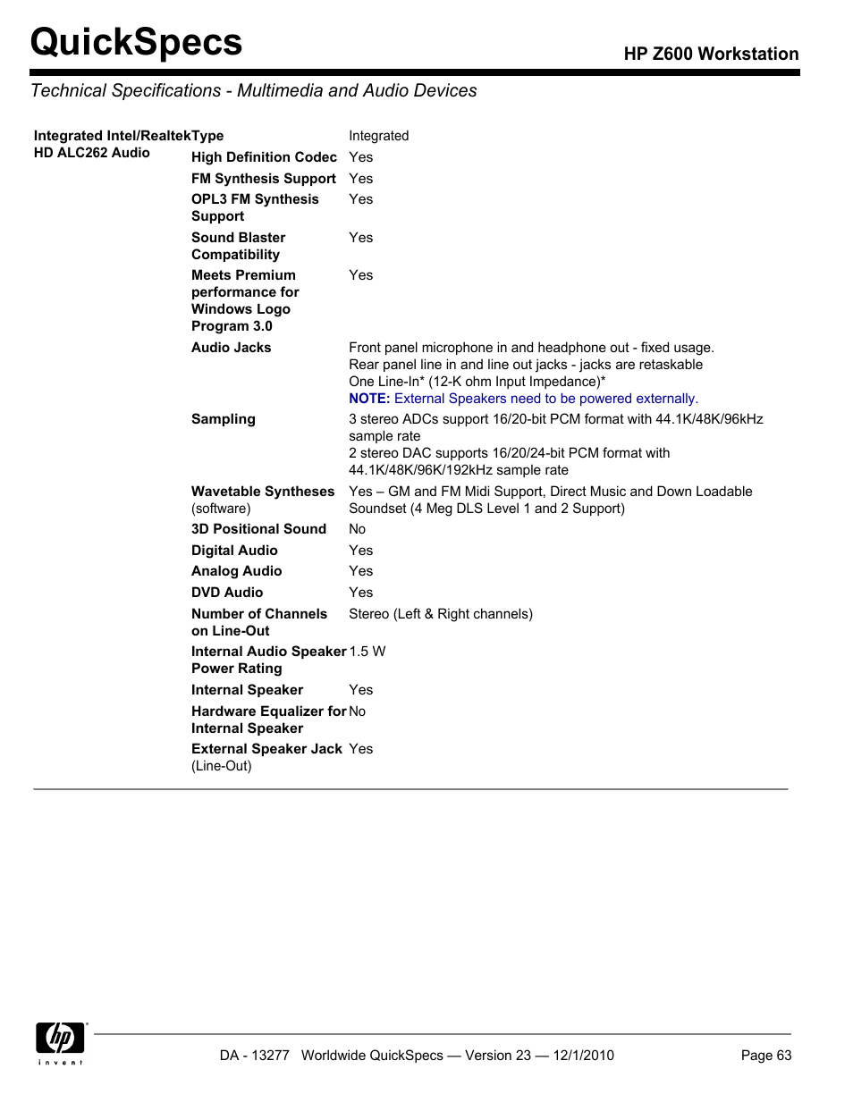 Quickspecs | HP Z600 User Manual | Page 63 / 78