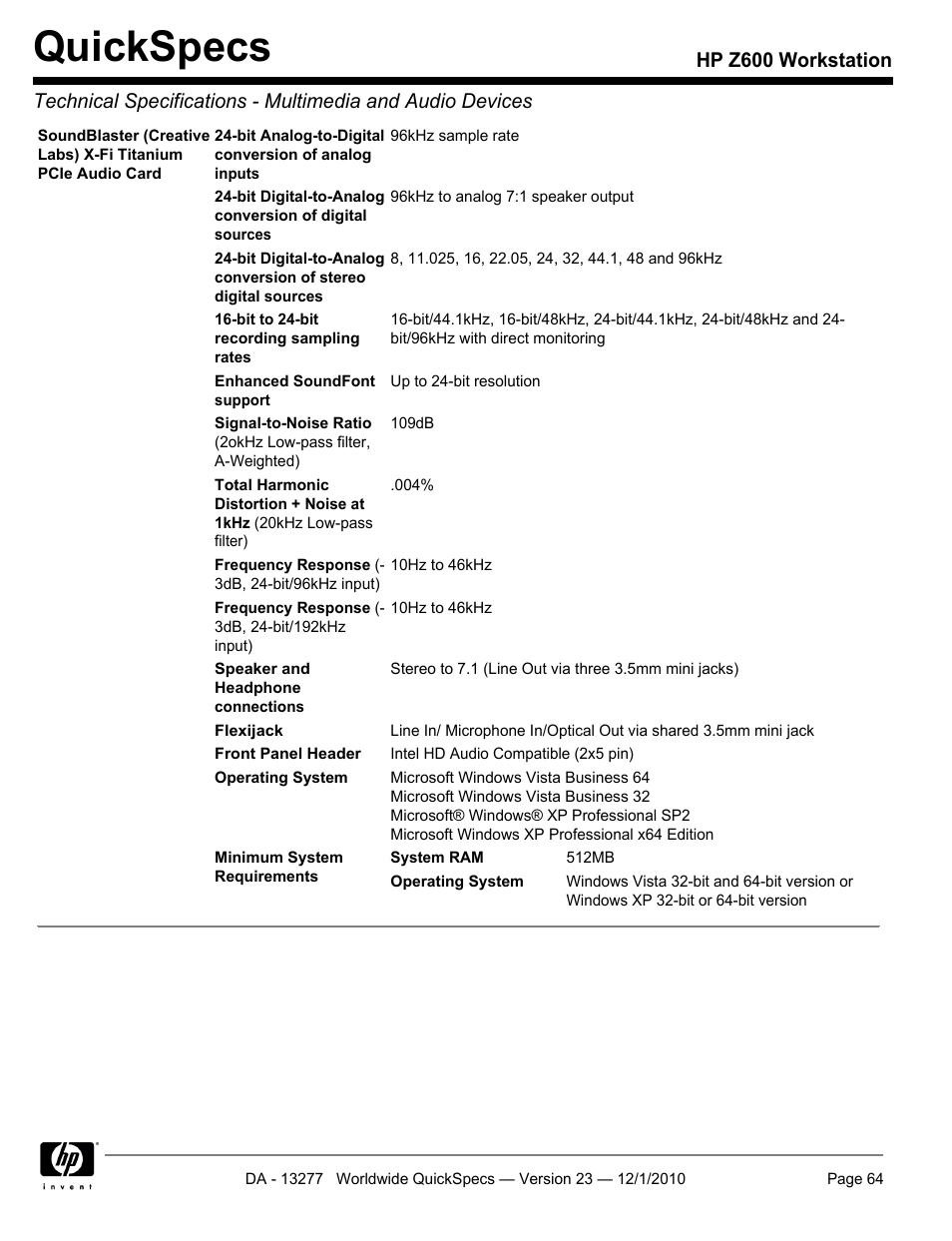 Quickspecs | HP Z600 User Manual | Page 64 / 78