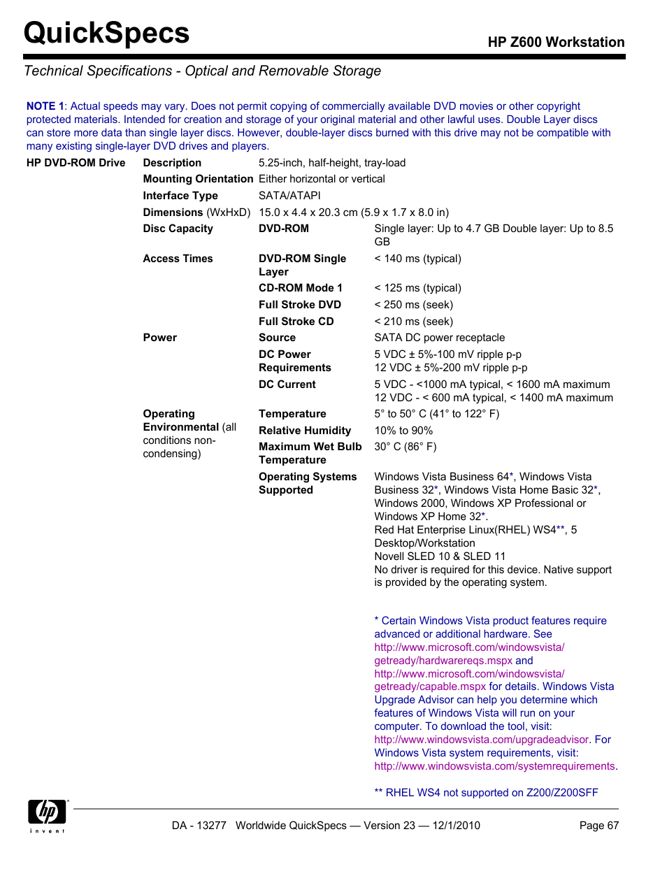 Quickspecs | HP Z600 User Manual | Page 67 / 78