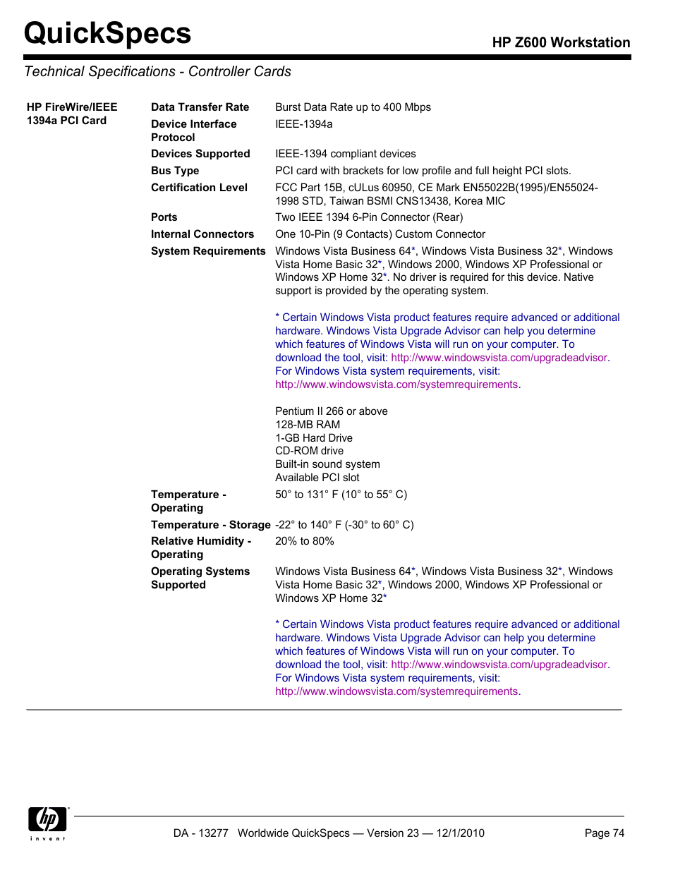 Technical specifications - controller cards, Quickspecs | HP Z600 User Manual | Page 74 / 78
