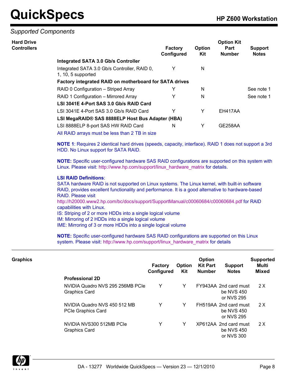 Quickspecs, Hp z600 workstation supported components | HP Z600 User Manual | Page 8 / 78