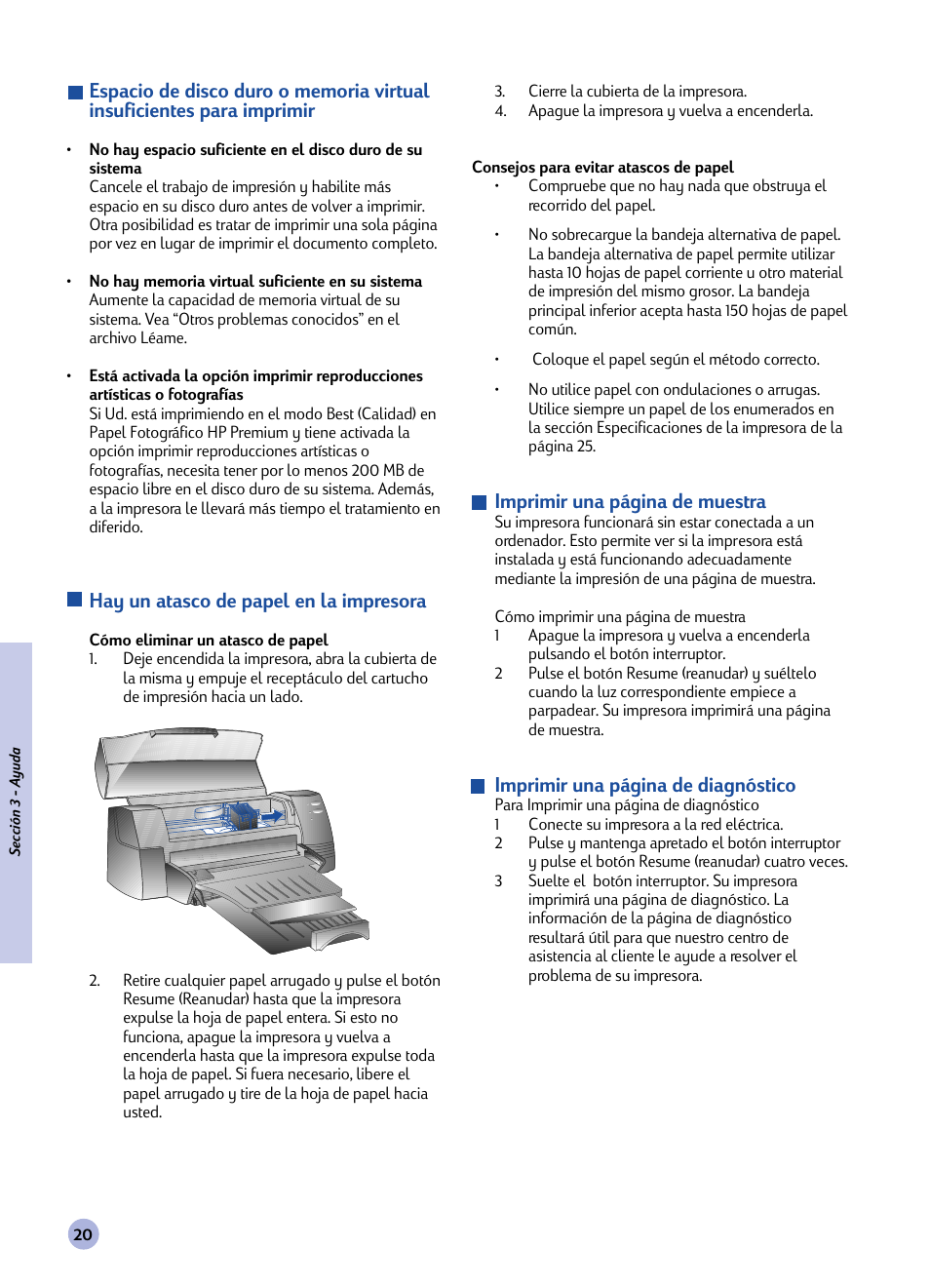 Hay un atasco de papel en la impresora, Imprimir una página de muestra, Imprimir una página de diagnóstico | HP 1120C User Manual | Page 103 / 112