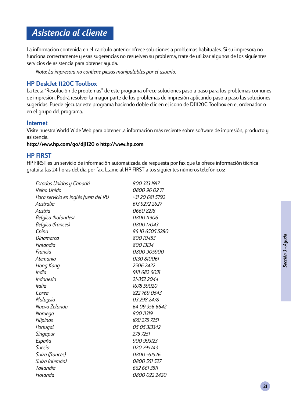 Asistencia al cliente | HP 1120C User Manual | Page 104 / 112