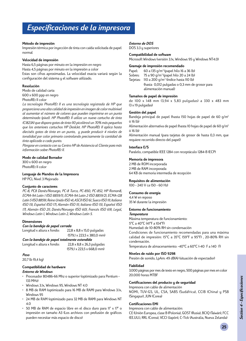 Sección, Especificaciones de la impresora, Especificaciones | HP 1120C User Manual | Page 108 / 112