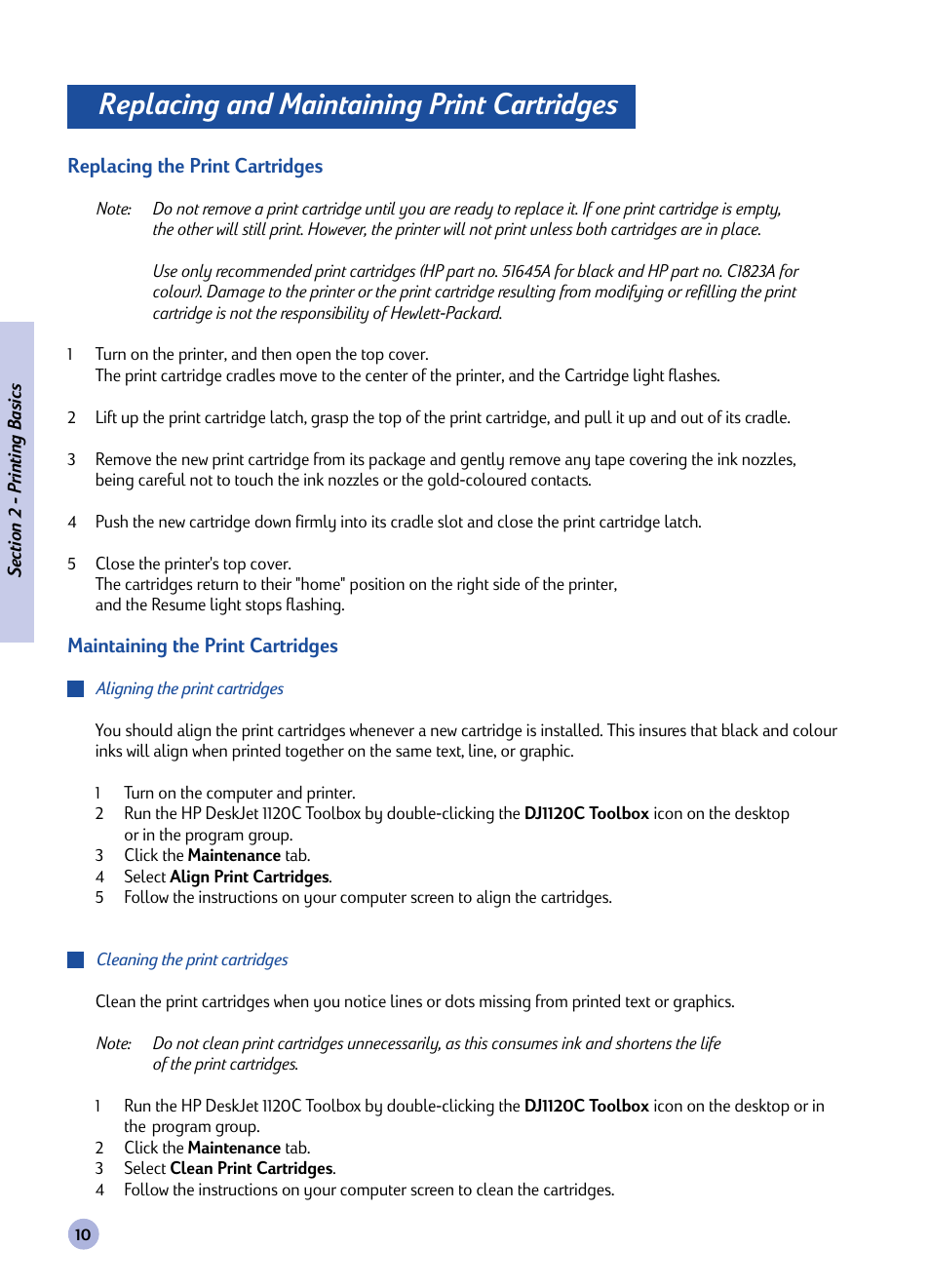 Replacing and maintaining print cartridges | HP 1120C User Manual | Page 12 / 112