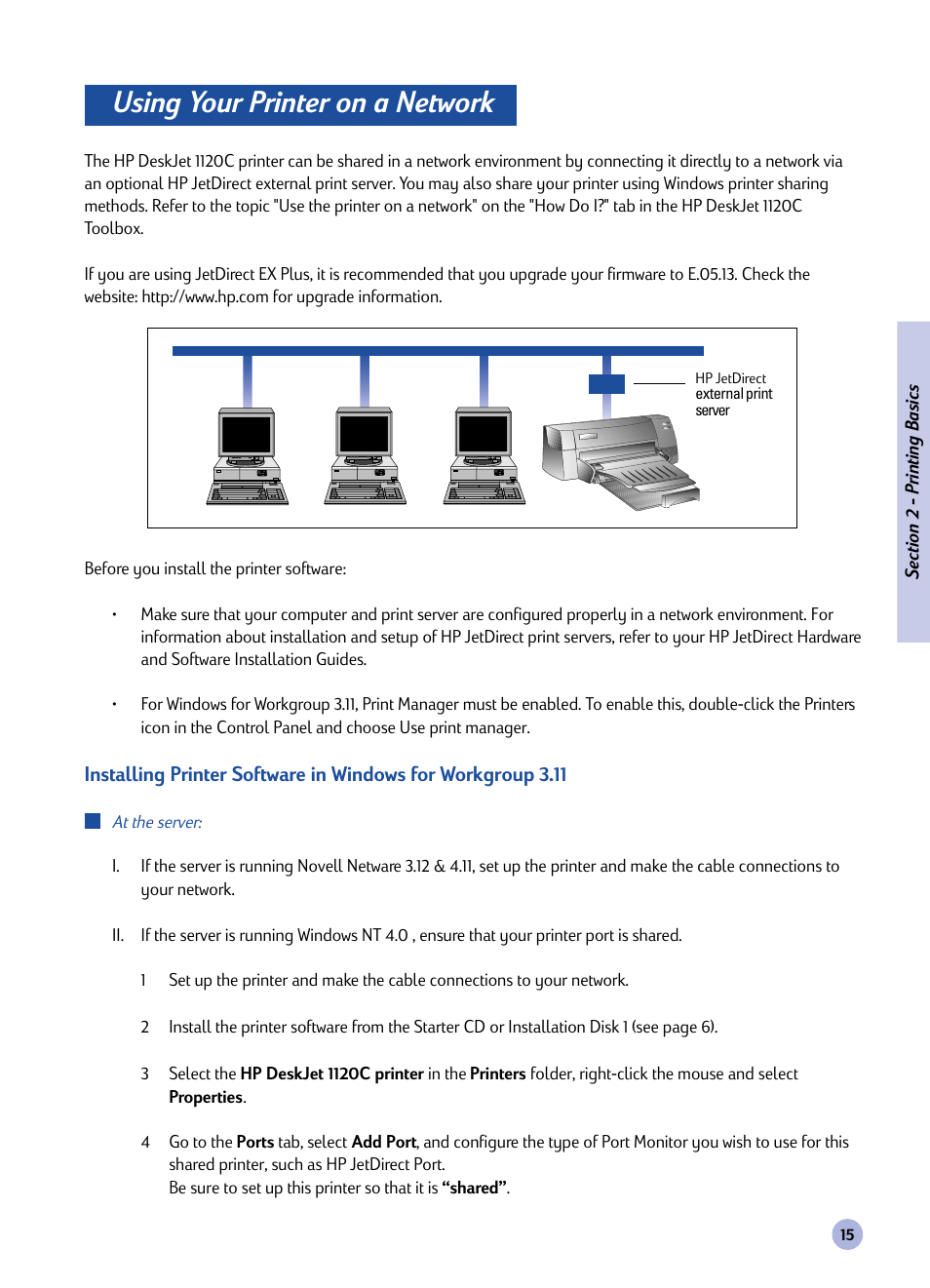 Using your printer on a network | HP 1120C User Manual | Page 17 / 112