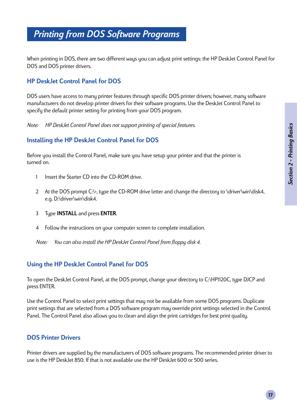 Printing from dos software programs | HP 1120C User Manual | Page 19 / 112