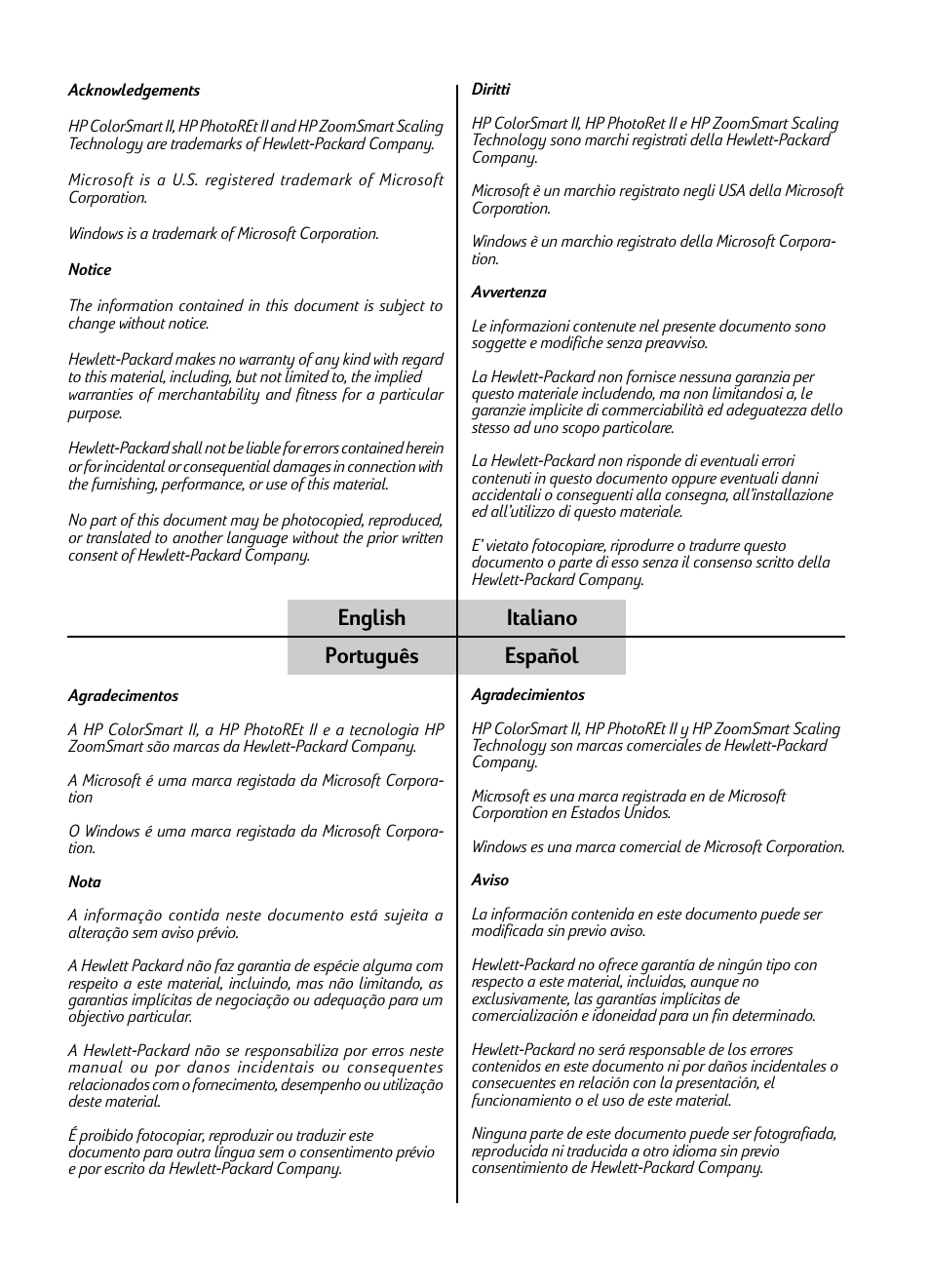 English italiano português español | HP 1120C User Manual | Page 2 / 112