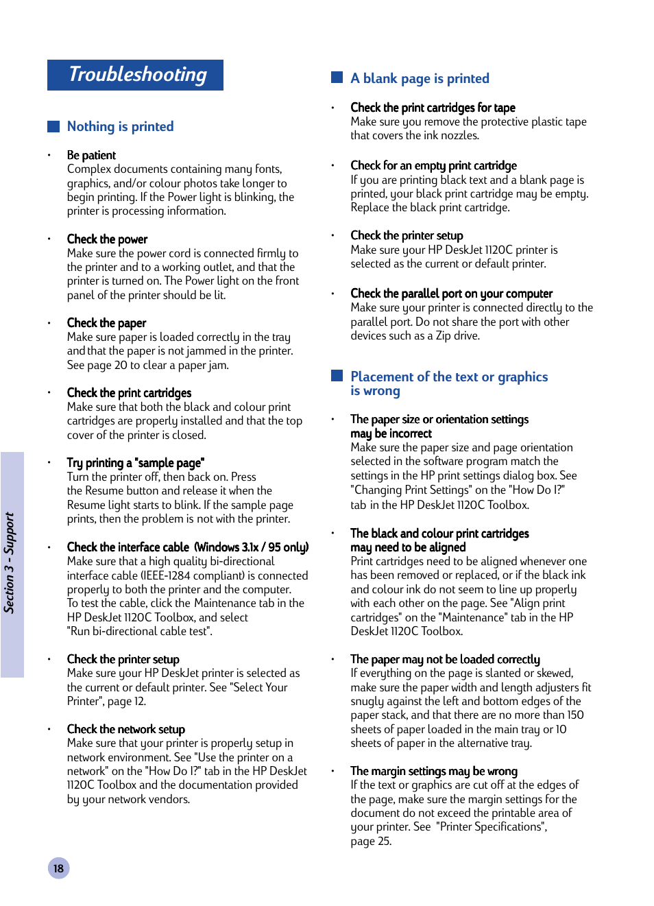 Section, Troubleshooting, Support | HP 1120C User Manual | Page 20 / 112