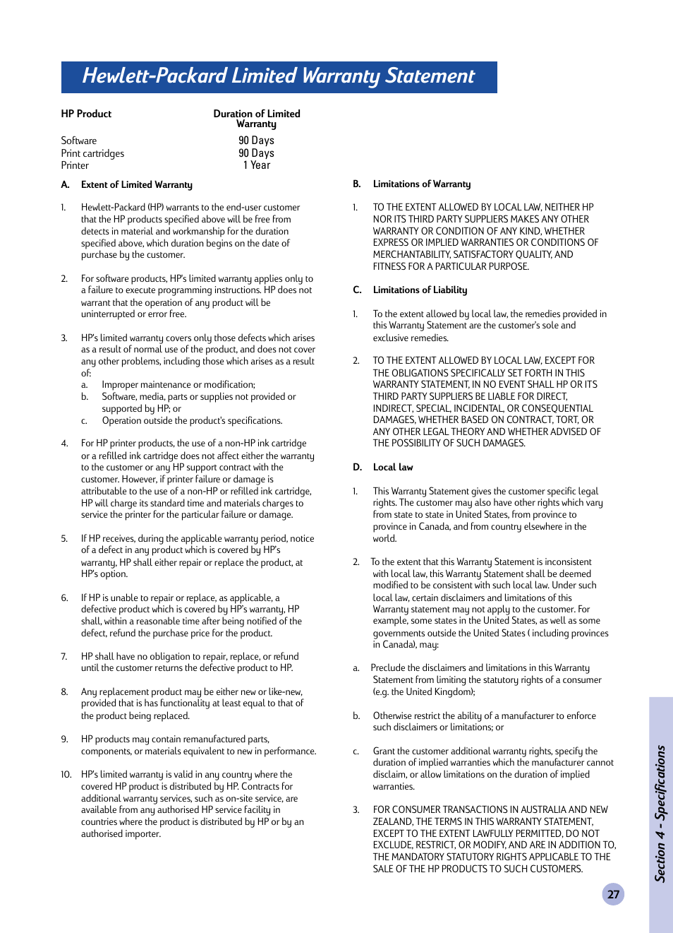 Hewlett-packard warranty statement, Hewlett-packard limited warranty statement | HP 1120C User Manual | Page 29 / 112