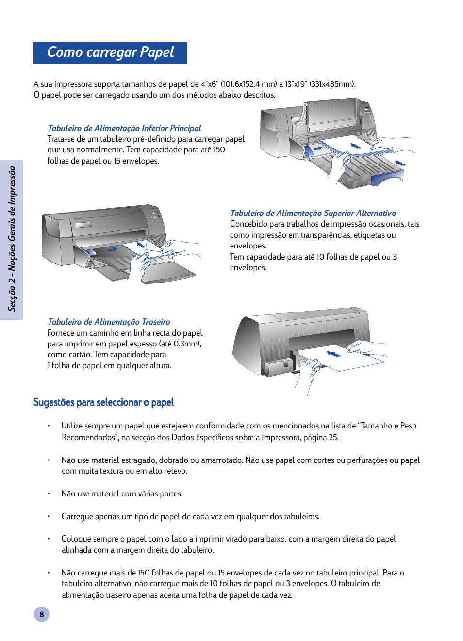 Secção, Como carregar o papel, Noções gerais de impr | Como carregar papel | HP 1120C User Manual | Page 37 / 112