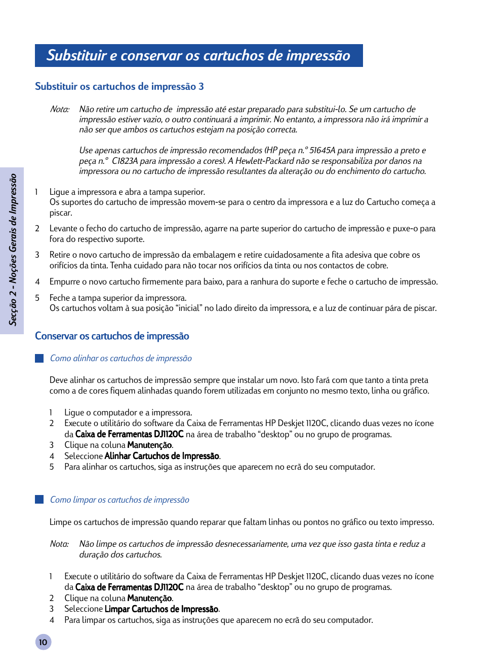 Substituir e conservar os cartuchos de impressão | HP 1120C User Manual | Page 39 / 112