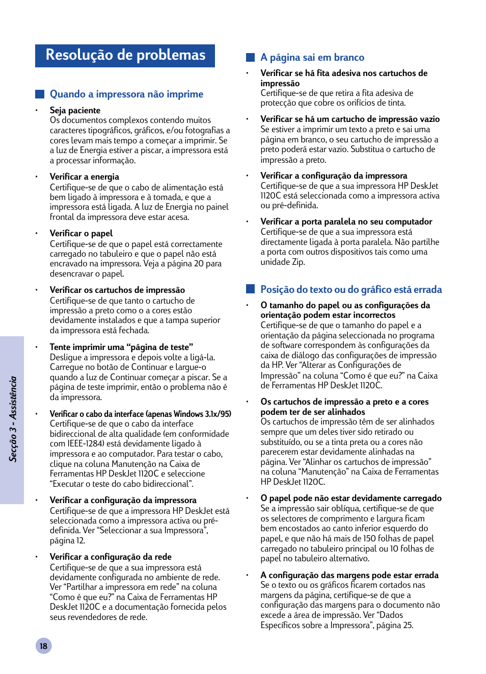 Secção, Resolução de problemas, Assistência | HP 1120C User Manual | Page 47 / 112