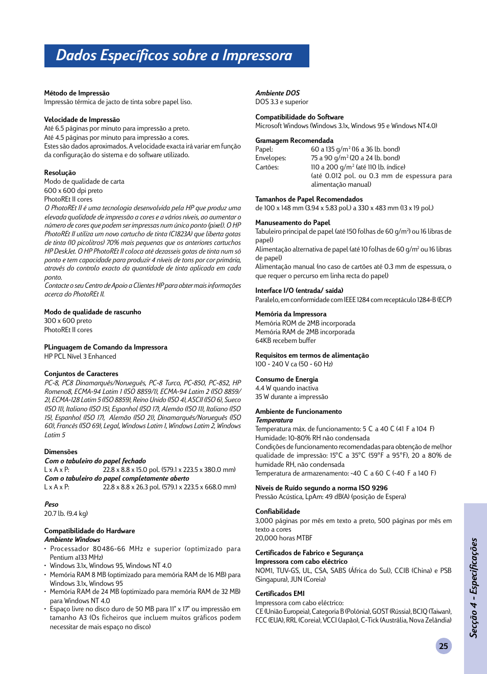 Secção, Dados específicos sobre a impressora, Especificações | Secção 4 - especificações | HP 1120C User Manual | Page 54 / 112