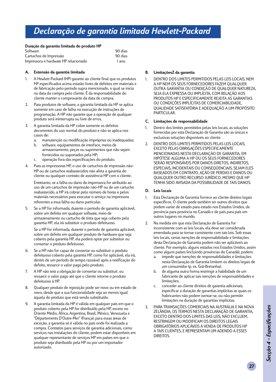 Declaração de garantia limitada hewlett-packard, Secção 4 - especificações | HP 1120C User Manual | Page 56 / 112