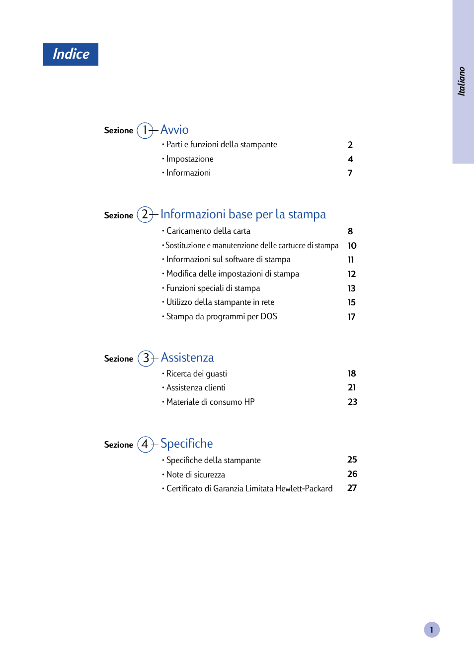 Manuale utente, Indice, 1avvio informazioni base per la stampa specifiche | 24 assistenza 3 | HP 1120C User Manual | Page 57 / 112