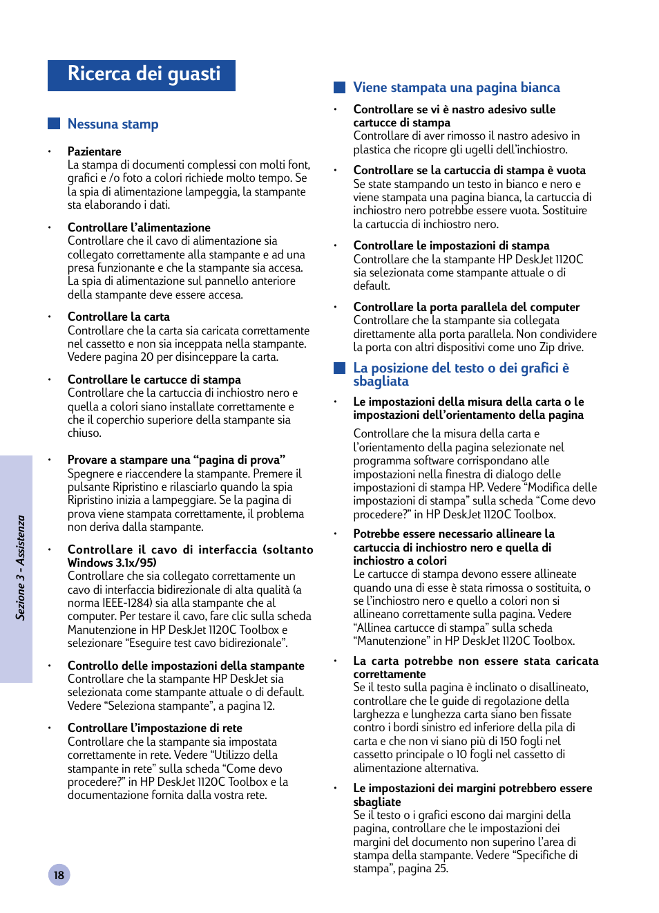 Sezione, Ricerca dei guasti, Assistenza | HP 1120C User Manual | Page 74 / 112