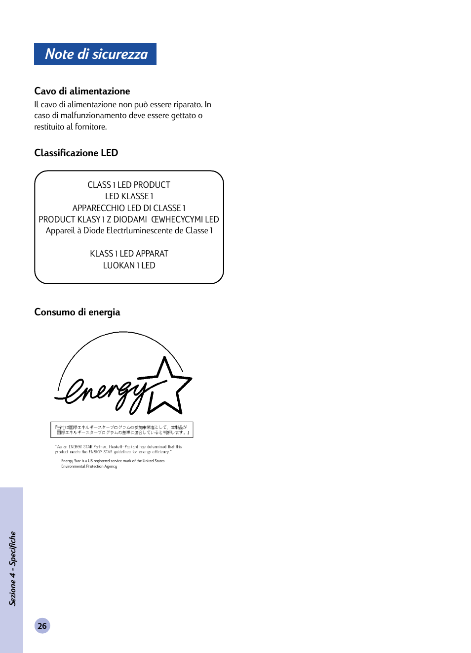 Note di sicurezza | HP 1120C User Manual | Page 82 / 112