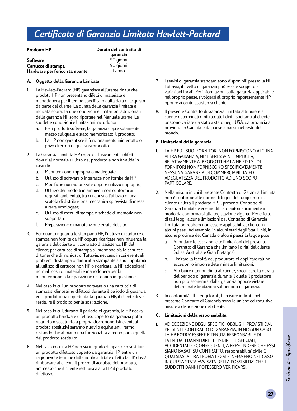 Certificato di garanzia limitata hewlett-packard | HP 1120C User Manual | Page 83 / 112