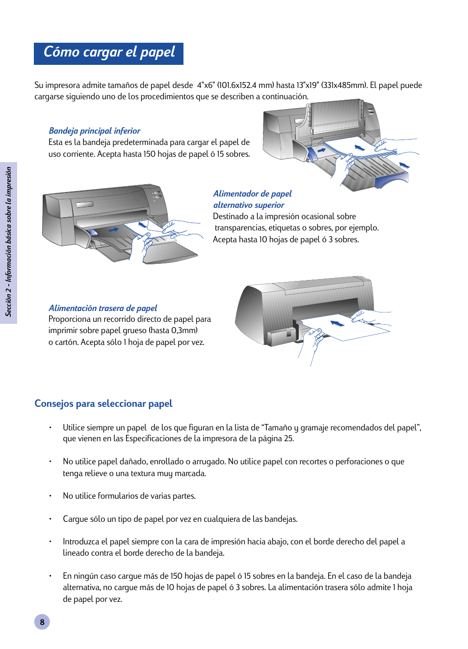 Sección, Cómo cargar el papel, Información básica sobr | HP 1120C User Manual | Page 91 / 112