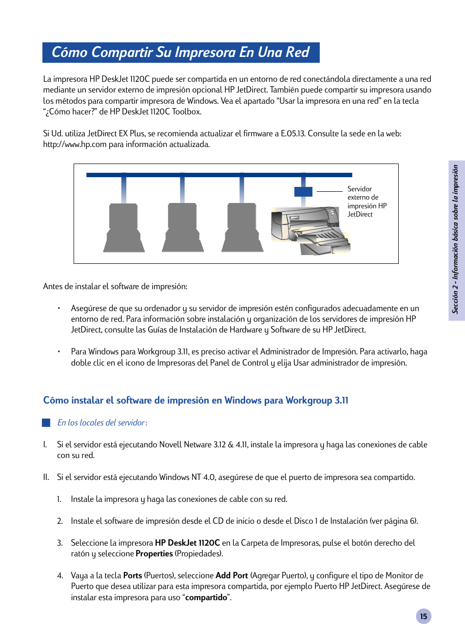 Utilización en red de la impresora, Cómo compartir su impresora en una red | HP 1120C User Manual | Page 98 / 112