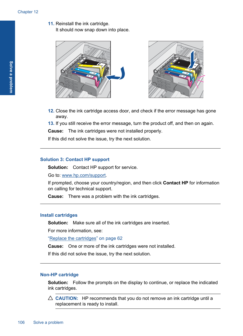 Install cartridges, Non-hp cartridge, Solution 3: contact hp support | HP PHOTOSMART PLUS B209 User Manual | Page 109 / 135