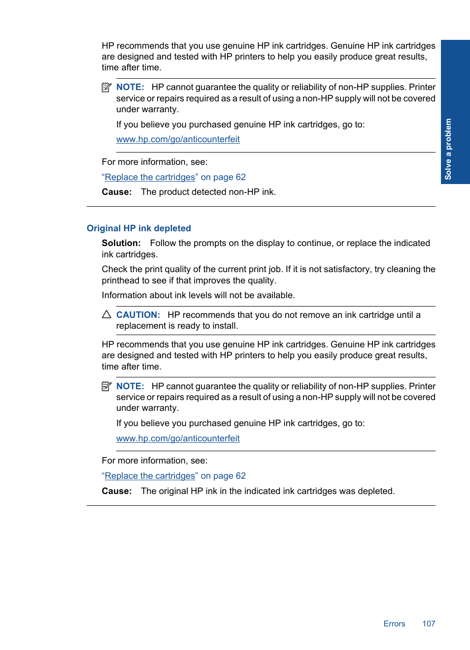 Original hp ink depleted | HP PHOTOSMART PLUS B209 User Manual | Page 110 / 135