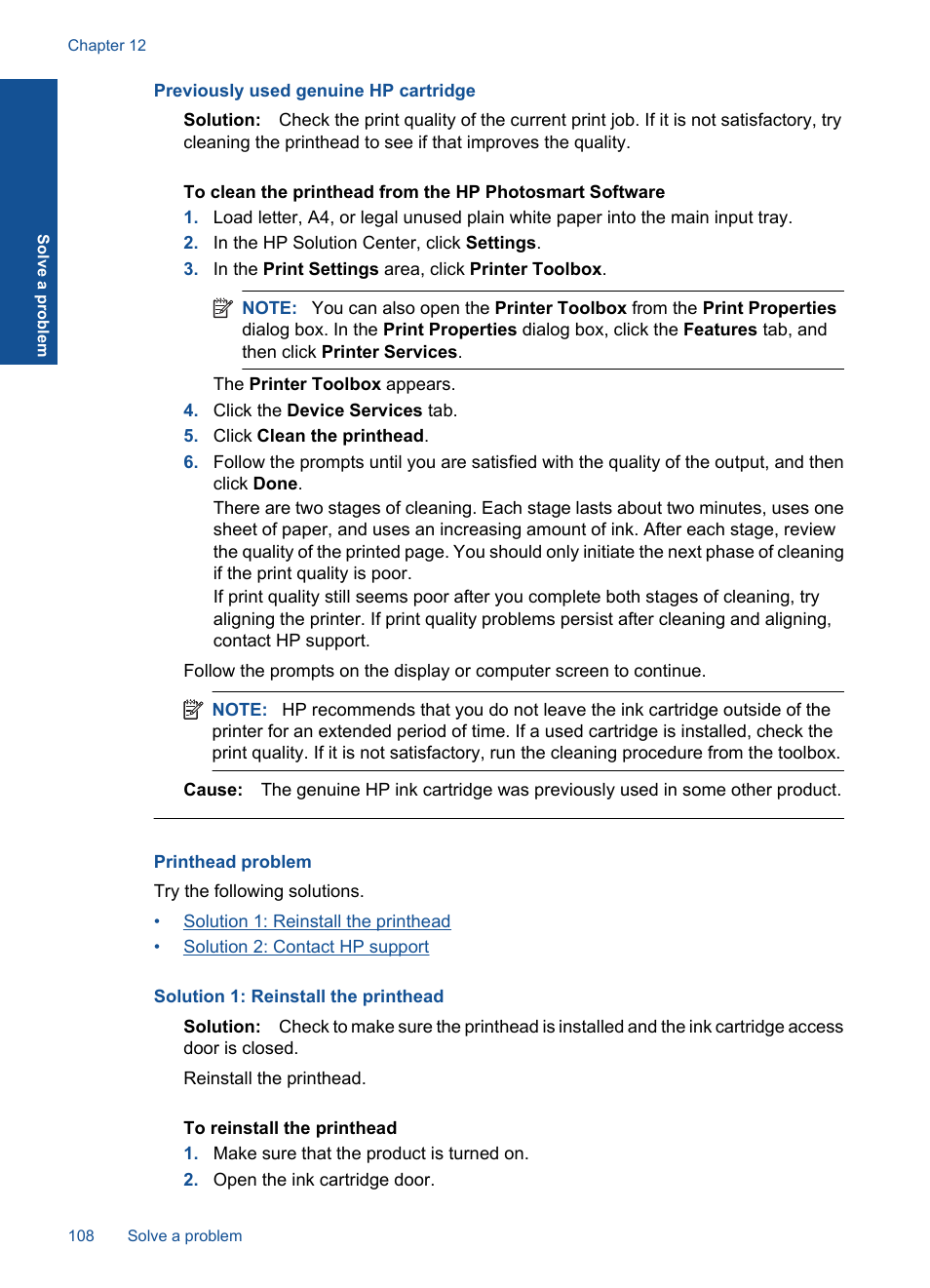 Printhead problem, Previously used genuine hp cartridge | HP PHOTOSMART PLUS B209 User Manual | Page 111 / 135