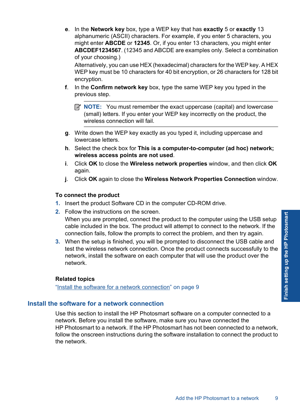 Install the software for a network connection | HP PHOTOSMART PLUS B209 User Manual | Page 12 / 135