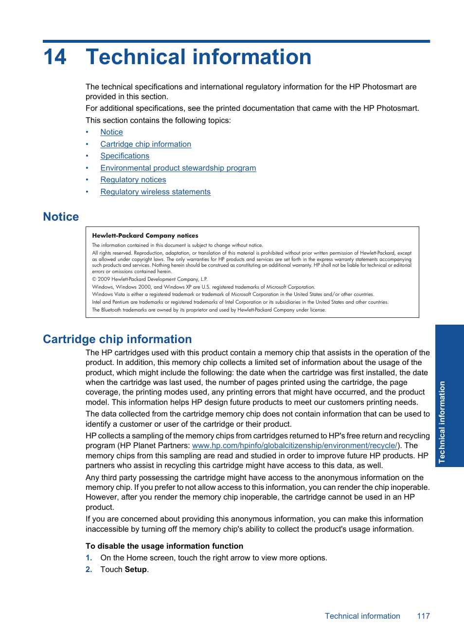 Technical information, Notice, Cartridge chip information | 14 technical information, Notice cartridge chip information | HP PHOTOSMART PLUS B209 User Manual | Page 120 / 135