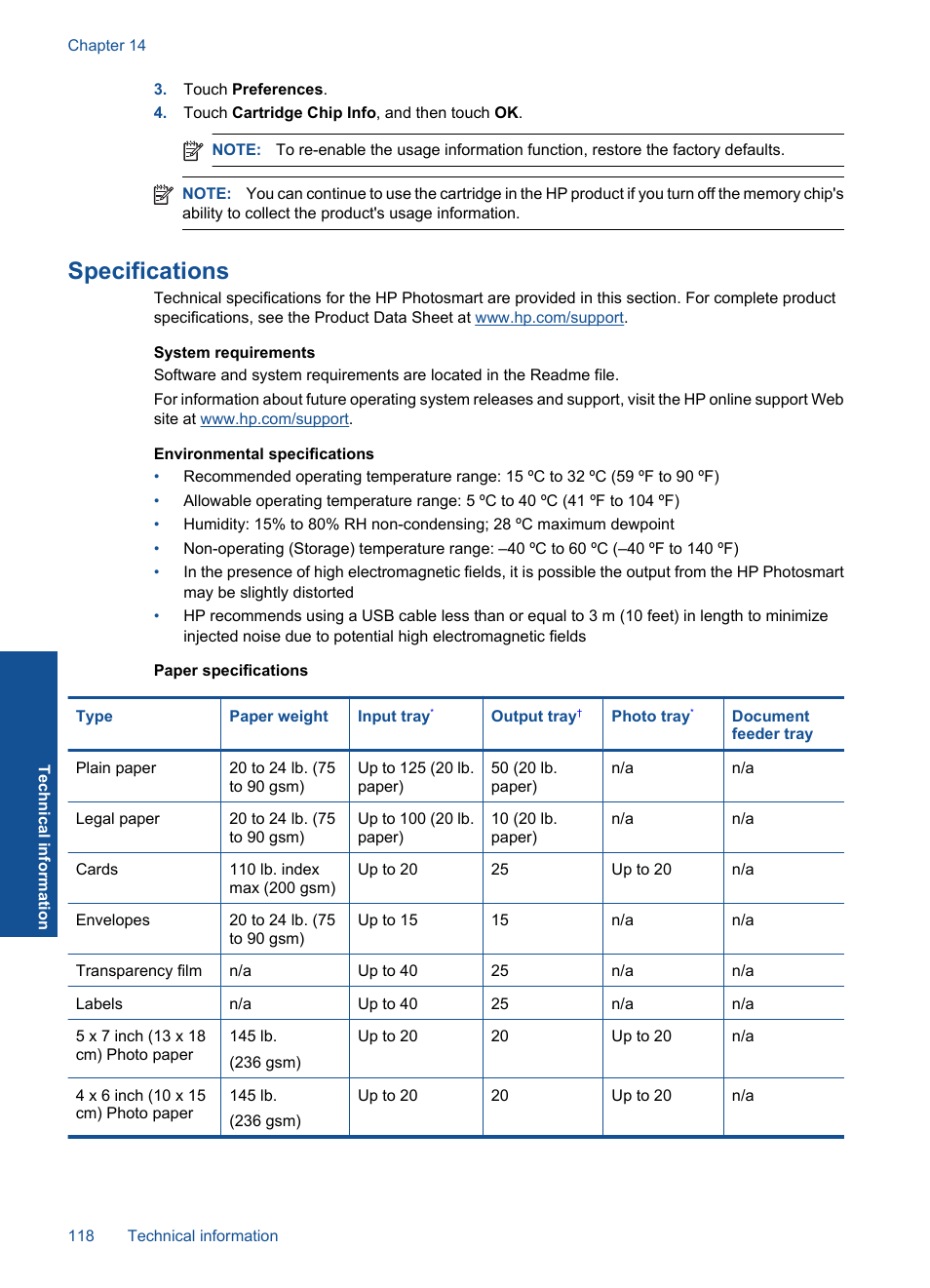 Specifications | HP PHOTOSMART PLUS B209 User Manual | Page 121 / 135