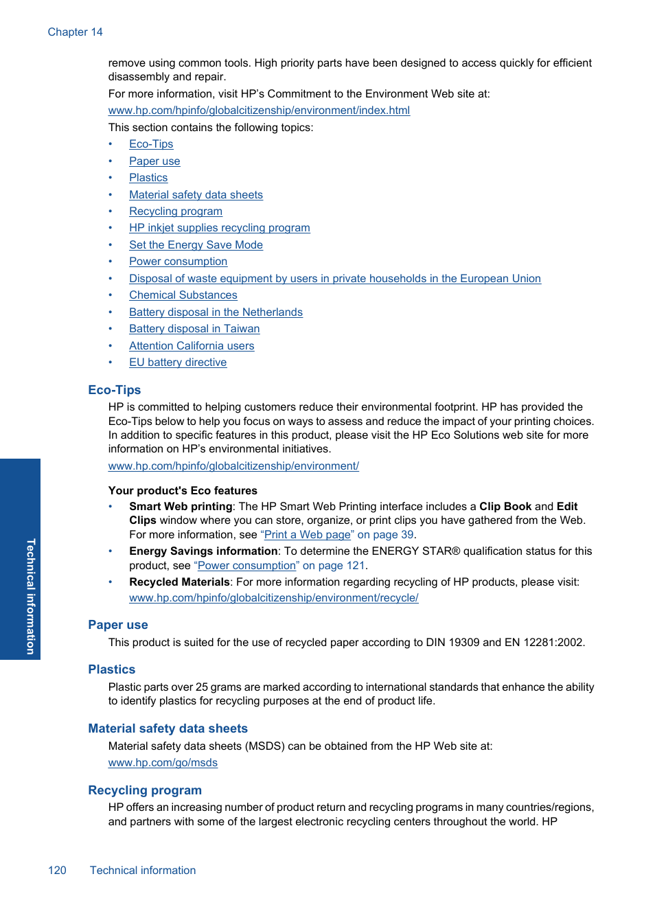 Eco-tips, Paper use, Plastics | Material safety data sheets, Recycling program | HP PHOTOSMART PLUS B209 User Manual | Page 123 / 135