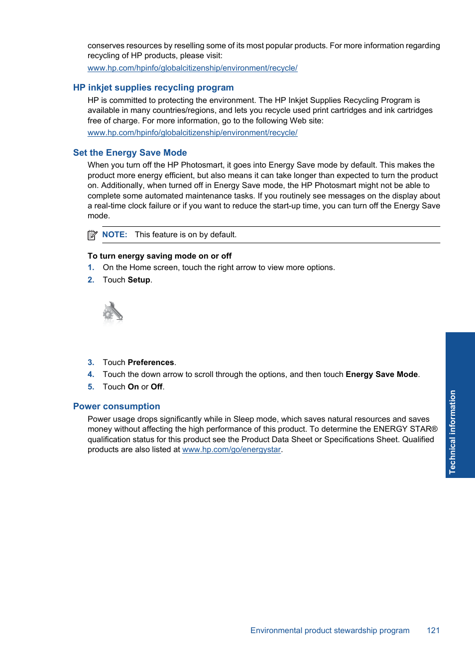 Hp inkjet supplies recycling program, Set the energy save mode, Power consumption | HP PHOTOSMART PLUS B209 User Manual | Page 124 / 135