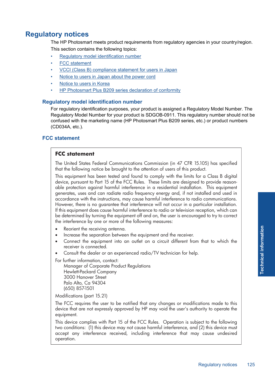 Regulatory notices, Regulatory model identification number, Fcc statement | HP PHOTOSMART PLUS B209 User Manual | Page 128 / 135