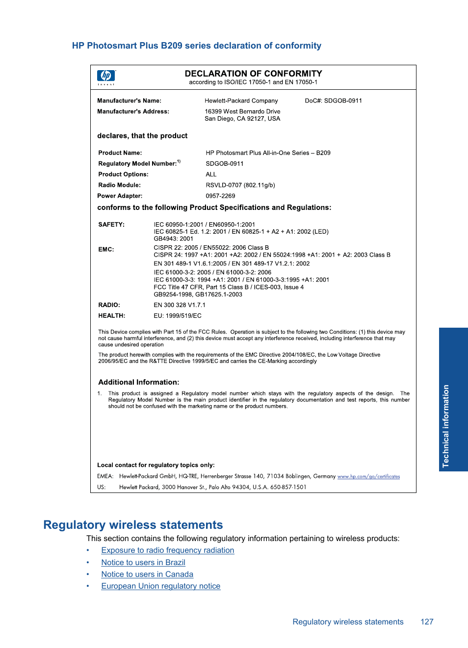 Regulatory wireless statements | HP PHOTOSMART PLUS B209 User Manual | Page 130 / 135